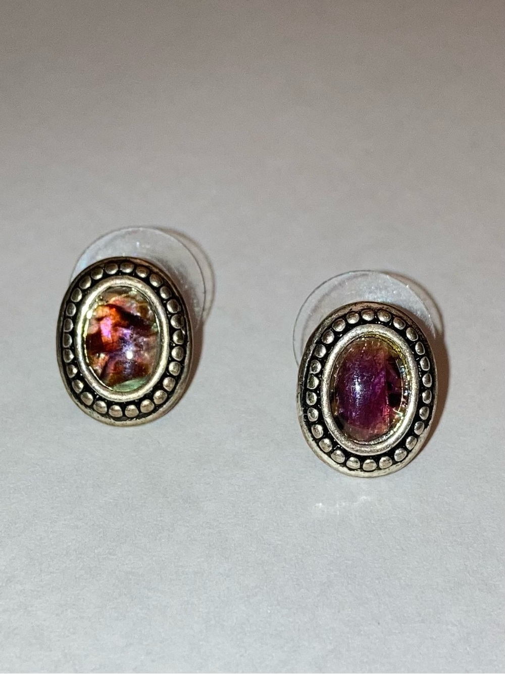 Vintage Purple Abalone Shell Cats Eye Oval Silver Stud Earrings